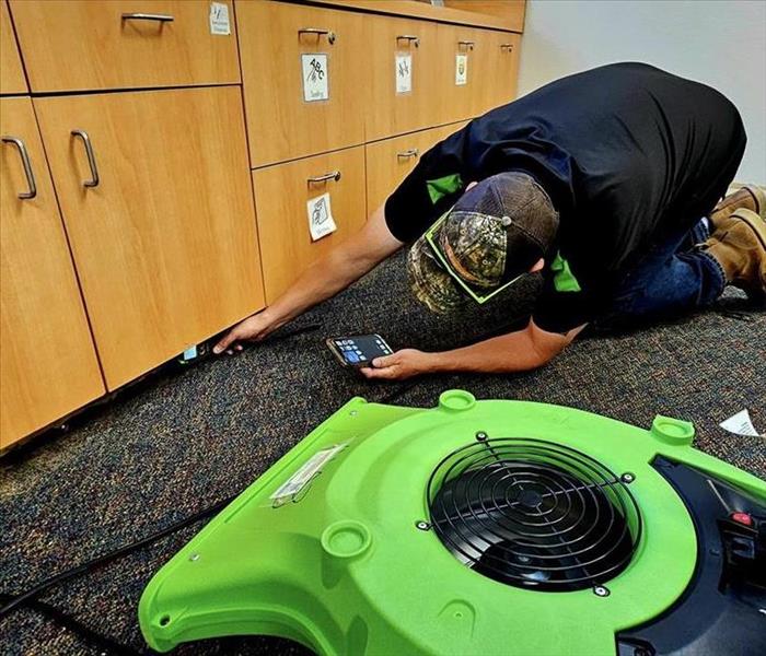 Checking for moisture under counters.