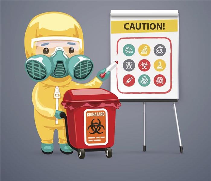 Cartoon Biohazard Worker showing a chart of symbols